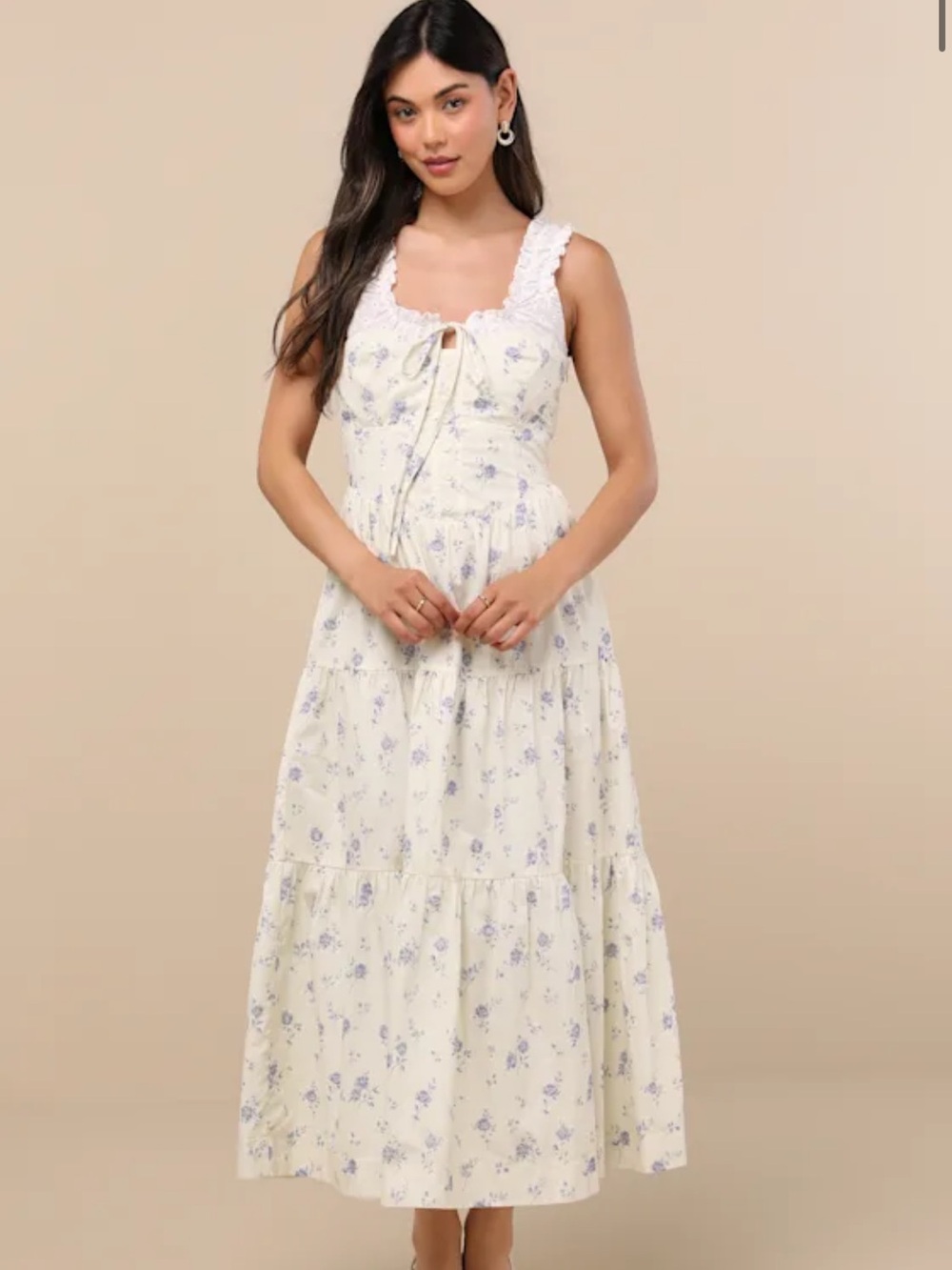 Lulus NWT size xtra small Bianka Ivory Floral Ruffled Tiered Midi Dress